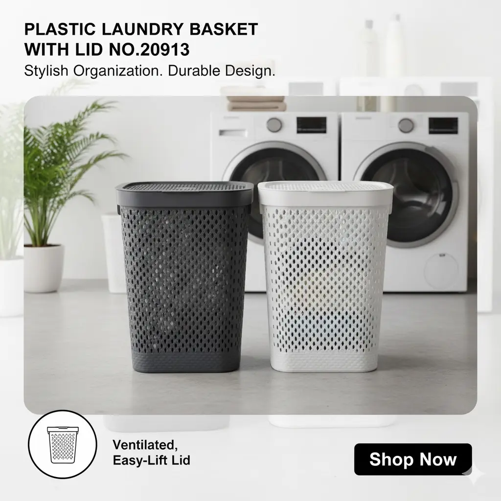 [FVM38074] PLASTIC LAUNARY BASKET WITH LID NO.20913