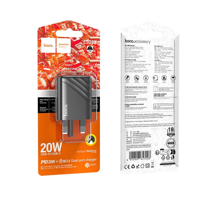 [FVM38405] HOCO DUAL PORT USB-A+USB-C CHARGER 20W CS25B