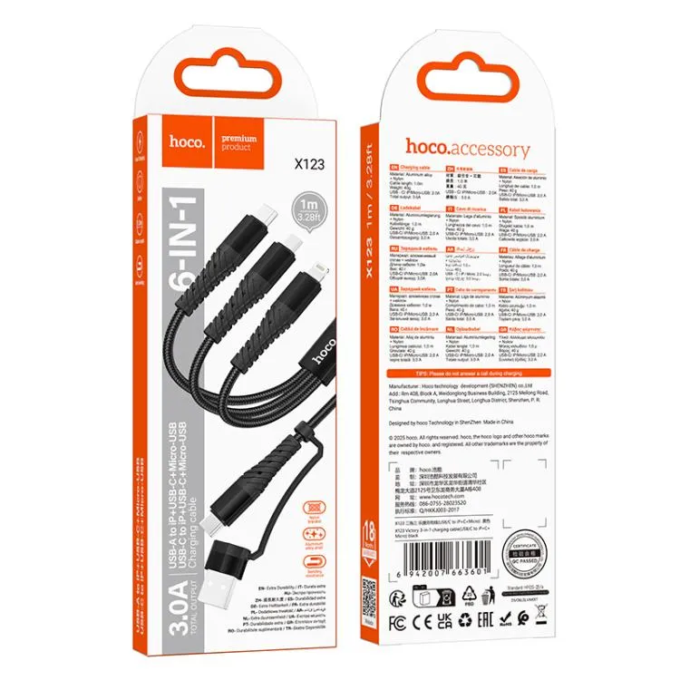 [FVM38408] [FVM38408] HOCO CHARGING CABLE 6 IN 1 USB-A & USB-C TO IP+USB-C+MICRO 1M 3.0A X123