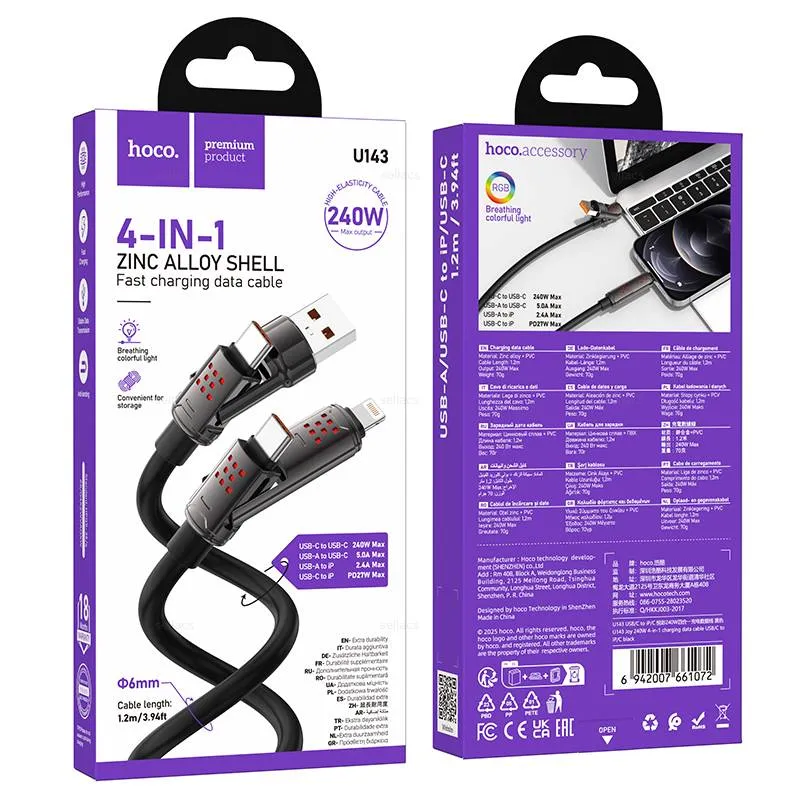[FVM38409] [FVM38409] HOCO FAST CHARGING CABLE 4 IN1 USB-A/USB-C TO IP/USB-C 1.2M U143